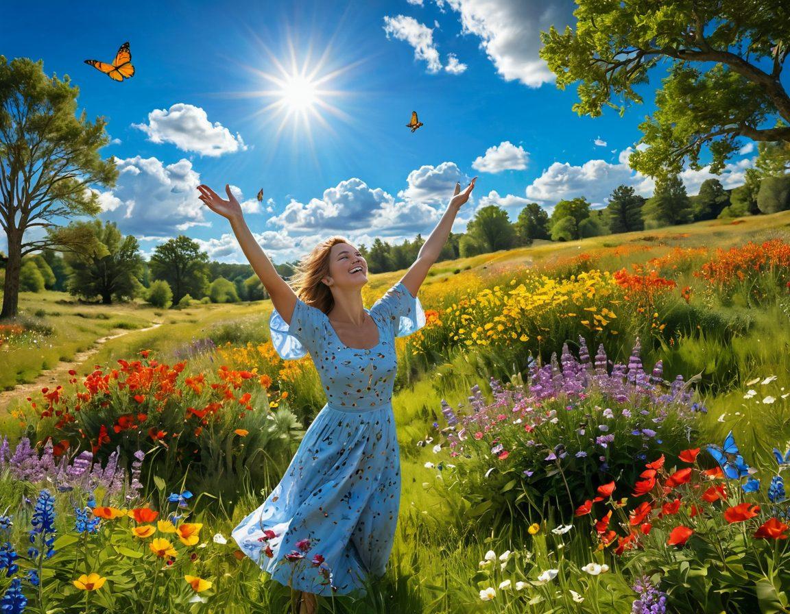 A radiant landscape depicting a sunlit meadow filled with colorful wildflowers, symbolizing joy and renewal after hardship. In the foreground, a person joyfully dancing, arms open wide, surrounded by butterflies and blossoming trees. A bright blue sky with fluffy white clouds, casting a warm and inviting atmosphere. super-realistic. vibrant colors. 3D.