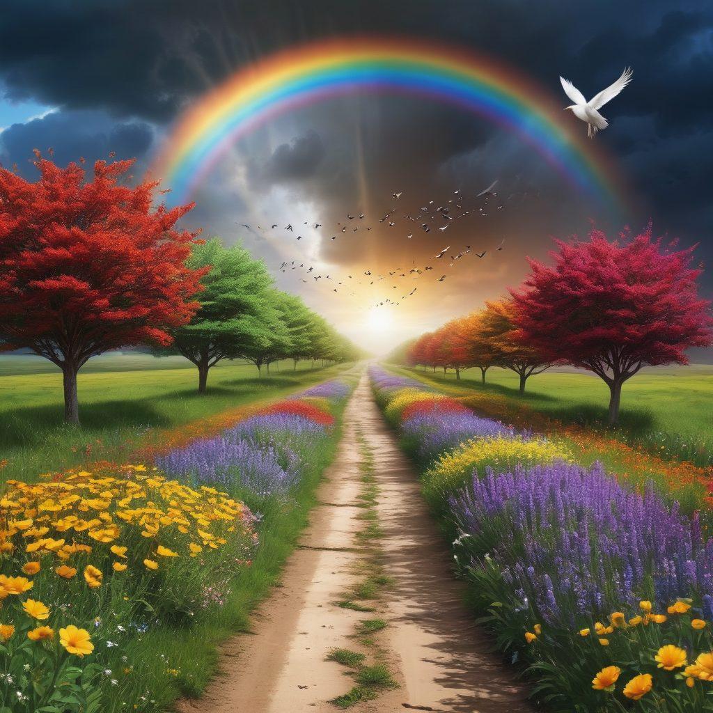A serene landscape transitioning from stormy skies to bright sunshine, symbolizing transformation. In the foreground, a person joyfully walking on a path lined with blooming flowers and uplifting quotes. Birds soaring above to represent freedom, and a rainbow arching across the sky. Symbols of resilience like broken chains scattered along the path, blending with elements of nature. vivid colors. super-realistic. uplifting atmosphere.