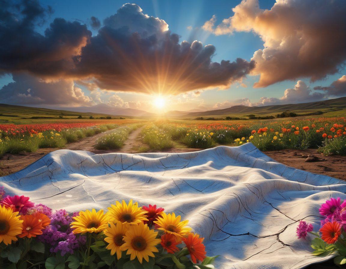 A radiant sun breaking through dark clouds, symbolizing hope and transformation. In the foreground, vibrant flowers bloom from cracks in the earth, representing growth from adversity. A diverse group of people joyfully celebrating around a picnic blanket, embodying a lively, fulfilling life. The background features a colorful blue sky with fluffy white clouds, enhancing the feeling of brightness and positivity. super-realistic. vibrant colors. 3D.